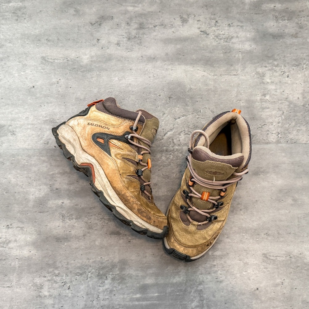 Salomon Mens Hiking Boots Tan Brown Orange Contagrip Trail Gorpcore Size 8